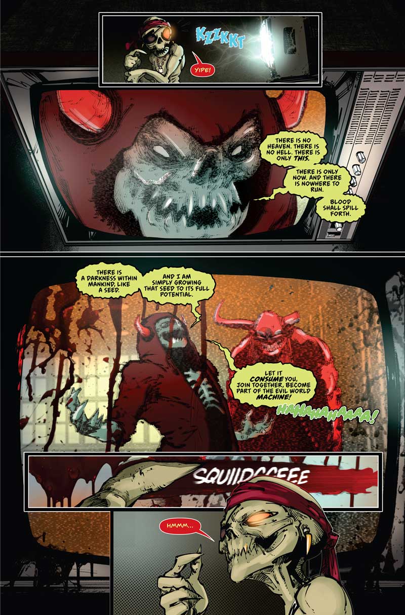 "Crossbone Skully: Thing #1 is a complete one-shot comic chronicling the epic story at the root of the year’s biggest multi-media project. From the Crossbone Skully album “Evil World Machine” with Tommy Henriksen (Alice Cooper, Hollywood Vampires), Tommy Denander (Michael Jackson, Alice Cooper, Rob Zombie), Jamie Muhoberac (My Chemical Romance, Seal, Billy Idol), Chris Wyse (Ozzy Osbourne, Hollywood Vampires, Ace Frehley), and Glen Sobel (Alice Cooper, Hollywood Vampires), featuring Phil Collen (Def Leppard) and Nikki Sixx (Motley Crue, Sixx A.M.); to the animated film by Riley Donahue, starring Johnny Depp, Alice Cooper, Joe Perry, Nikki Sixx, Kane Roberts, and Sheryl Cooper.